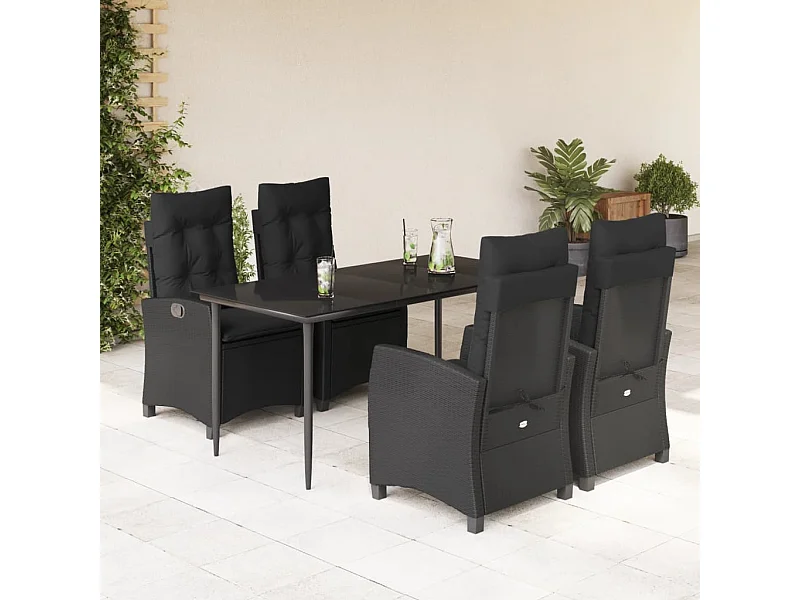 Set da Pranzo da Giardino 5 pz Nero con Cuscini in Polyrattan