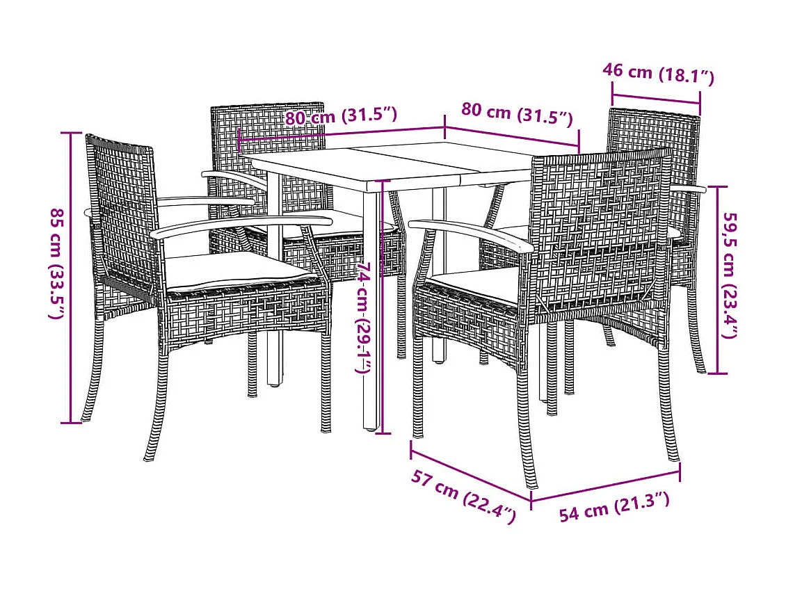 Set da Pranzo da Giardino 5 pz con Cuscini in Polyrattan Grigio