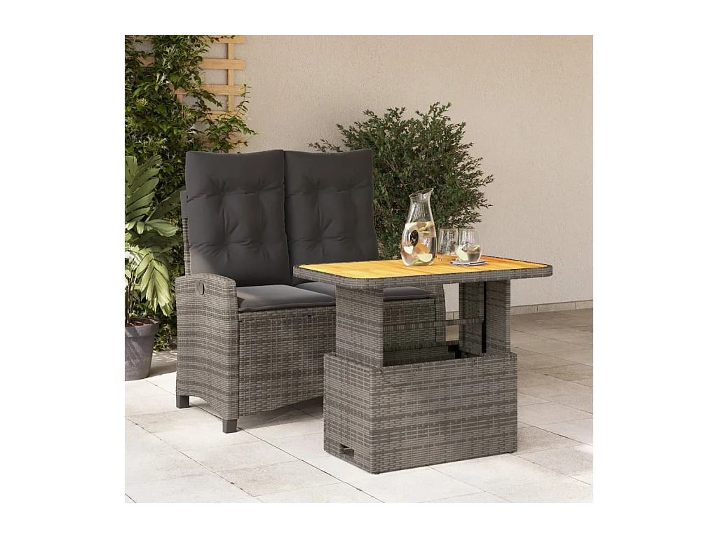 2 pcs conjunto de jantar p/ jardim c/ almofadões vime PE cinza