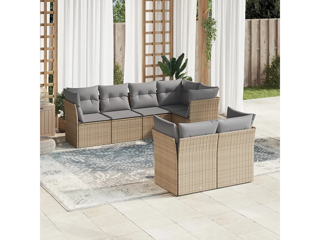 7-delige Loungeset met kussens poly rattan beige