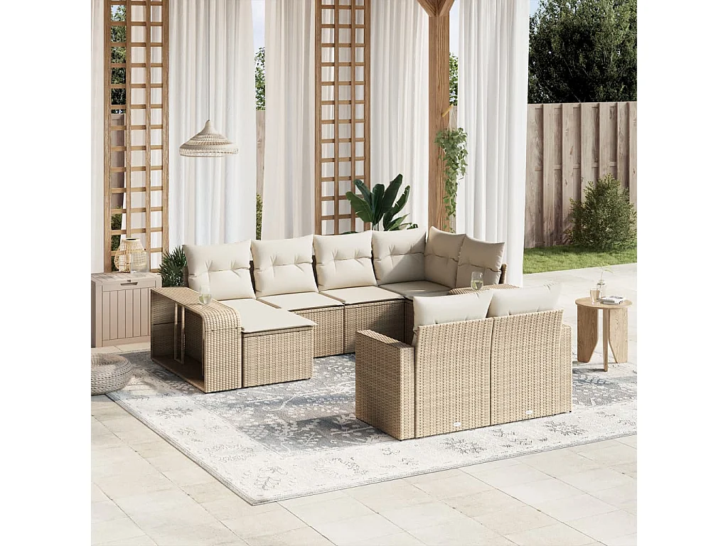 Set Divano da Giardino 10 pz con Cuscini Beige in Polyrattan