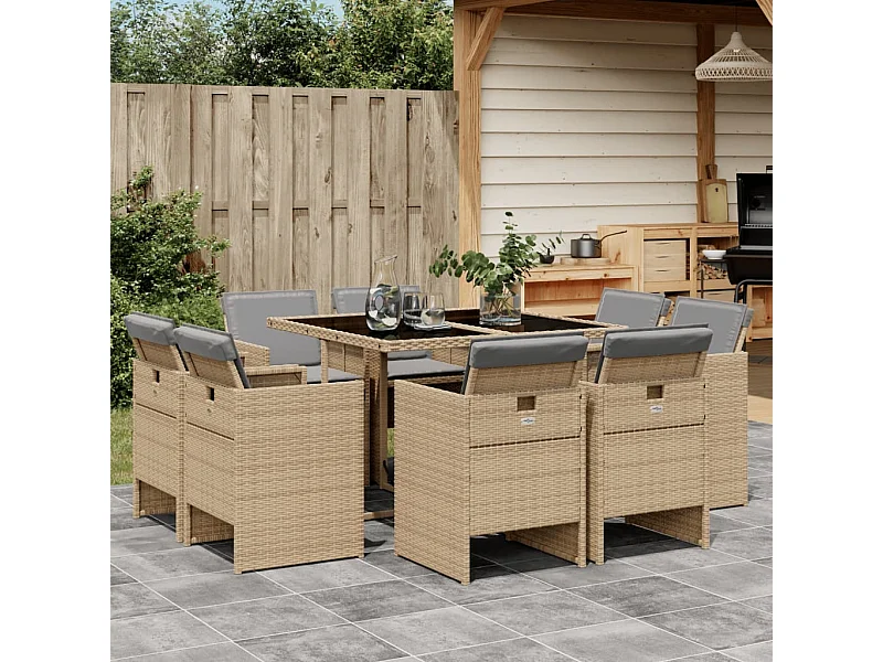 9-tlg. Garten-Essgruppe mit Kissen Beigemischung Poly Rattan