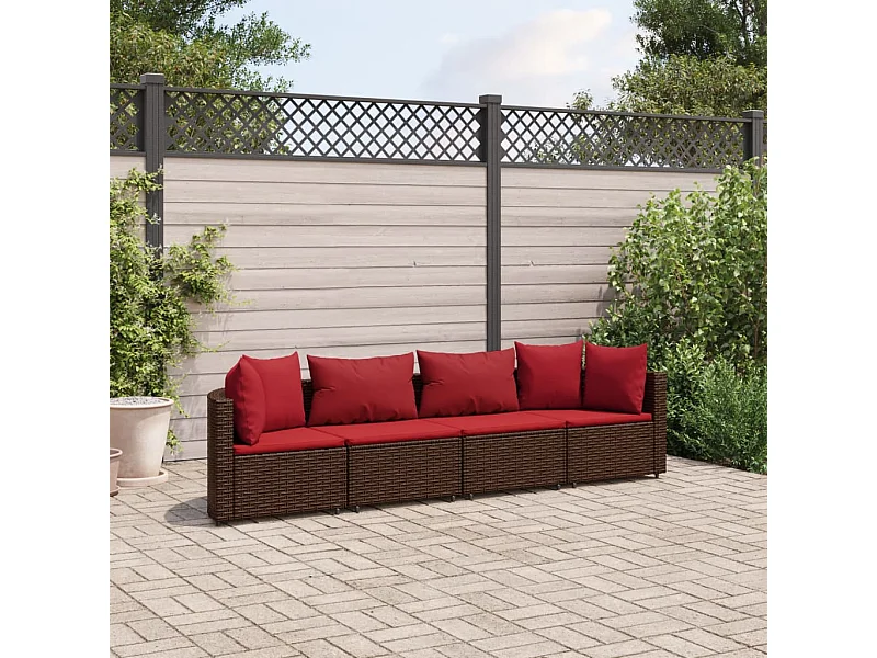 Set Divano da Giardino 4 pz con Cuscini Marrone in Polyrattan