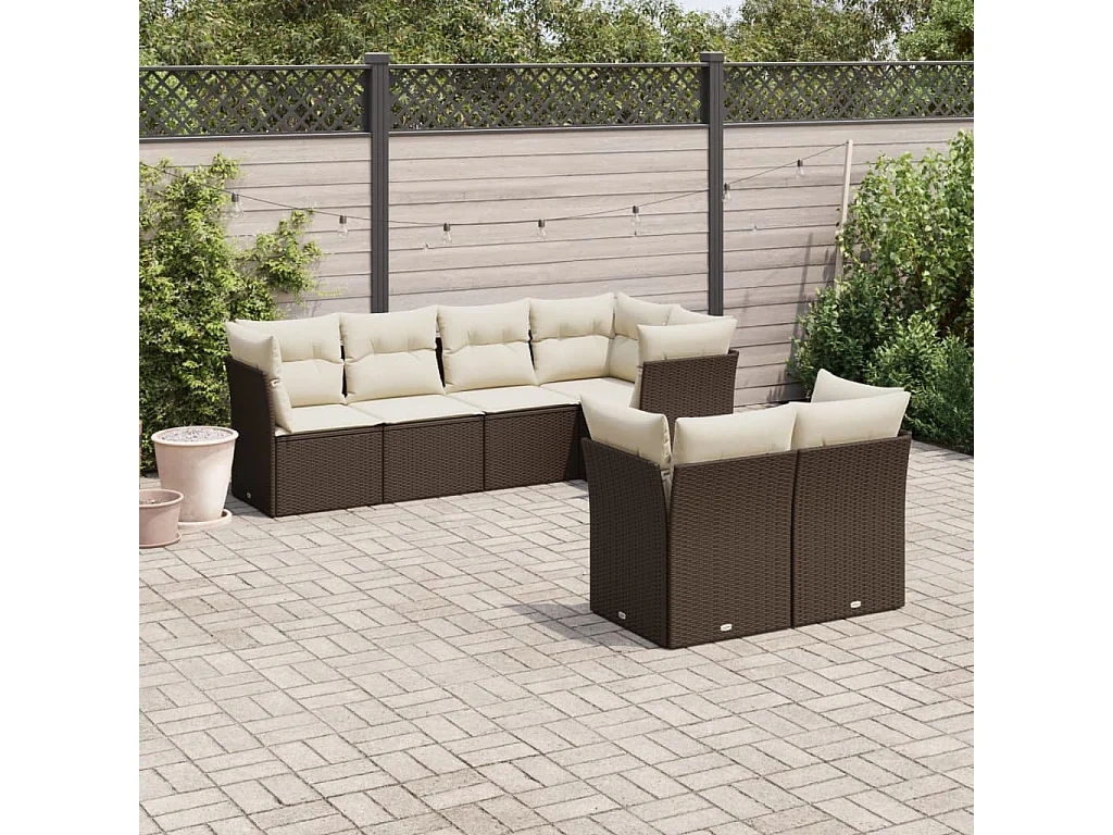 7-delige Loungeset met kussens poly rattan bruin