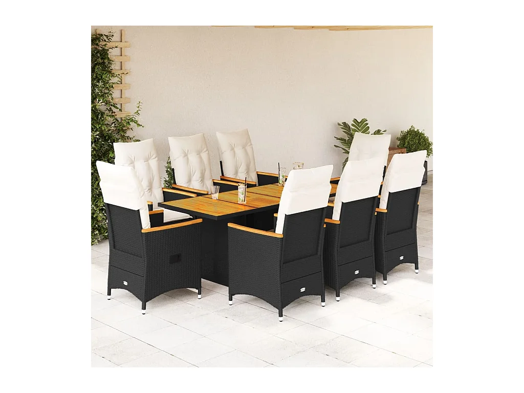 Ensemble à manger de jardin 9pcs coussins noir résine tressée