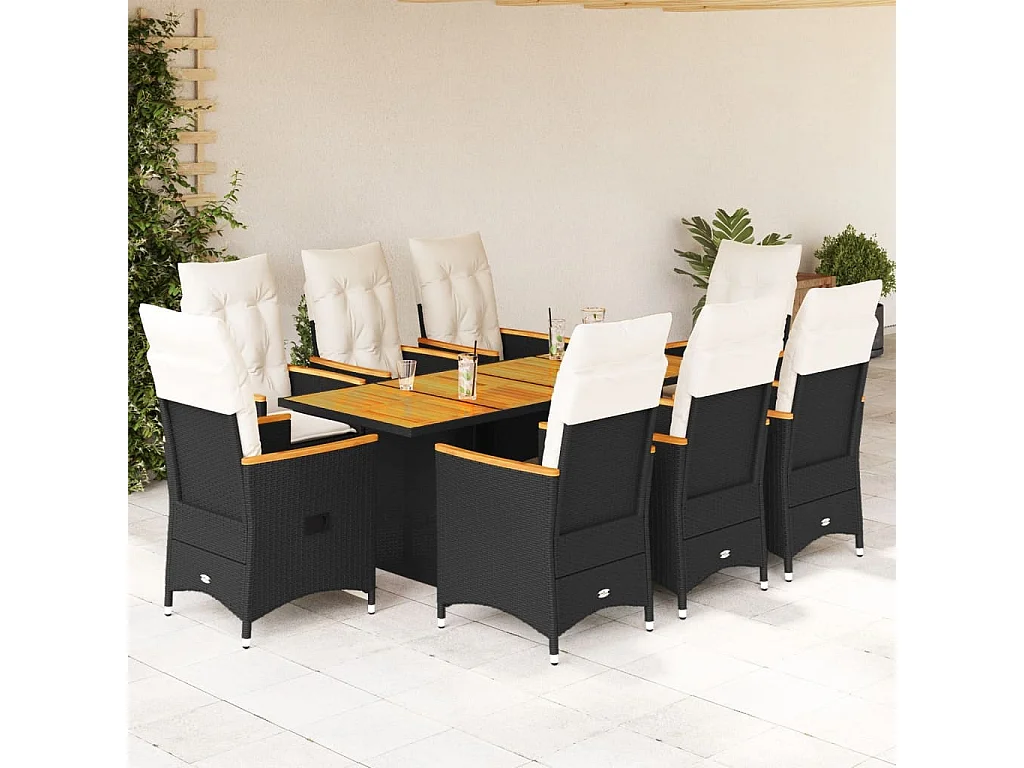 Ensemble à manger de jardin 9pcs coussins noir résine tressée