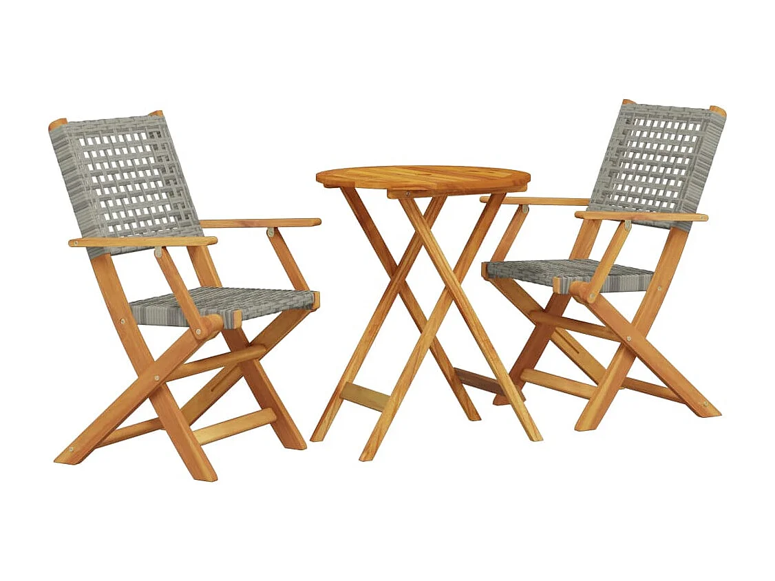Set da Bistrot 3 pz Grigio in Polyrattan e Legno Massello