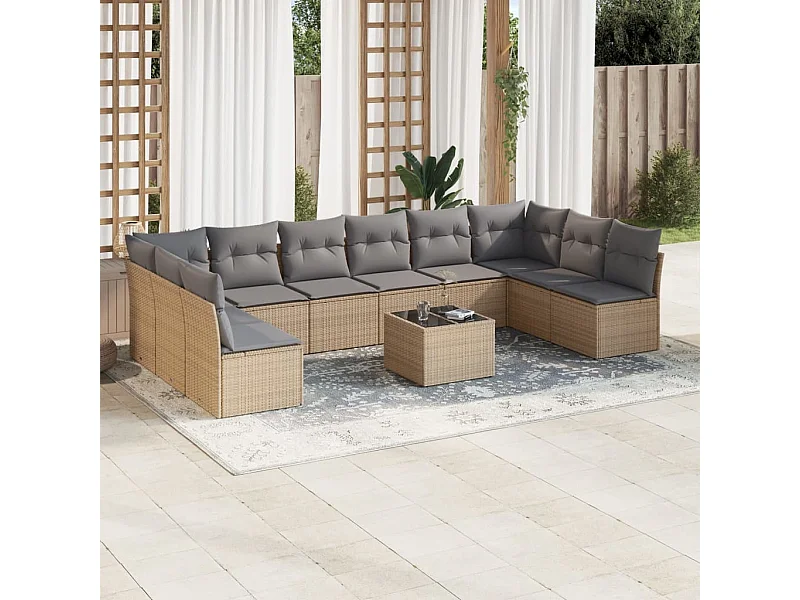 Salon de jardin 11 pcs avec coussins beige résine tressée