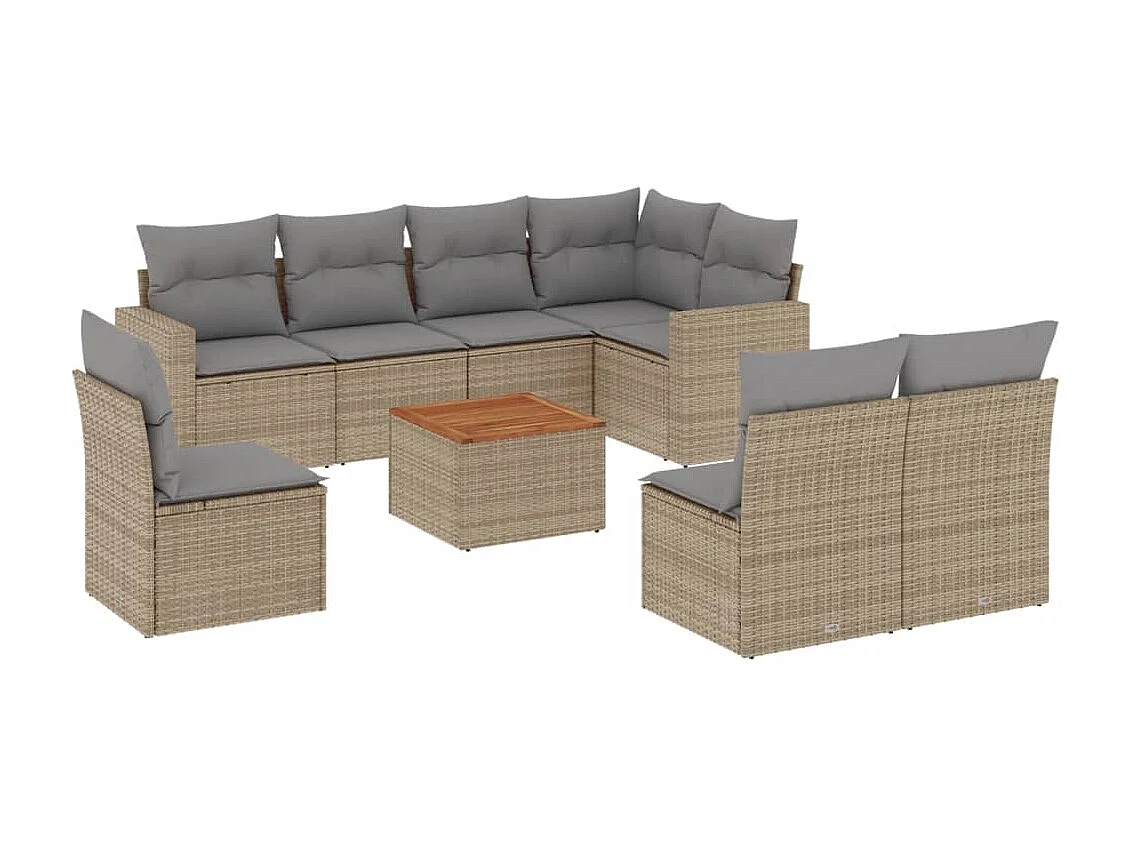 Salon de jardin avec coussins 9 pcs beige résine tressée