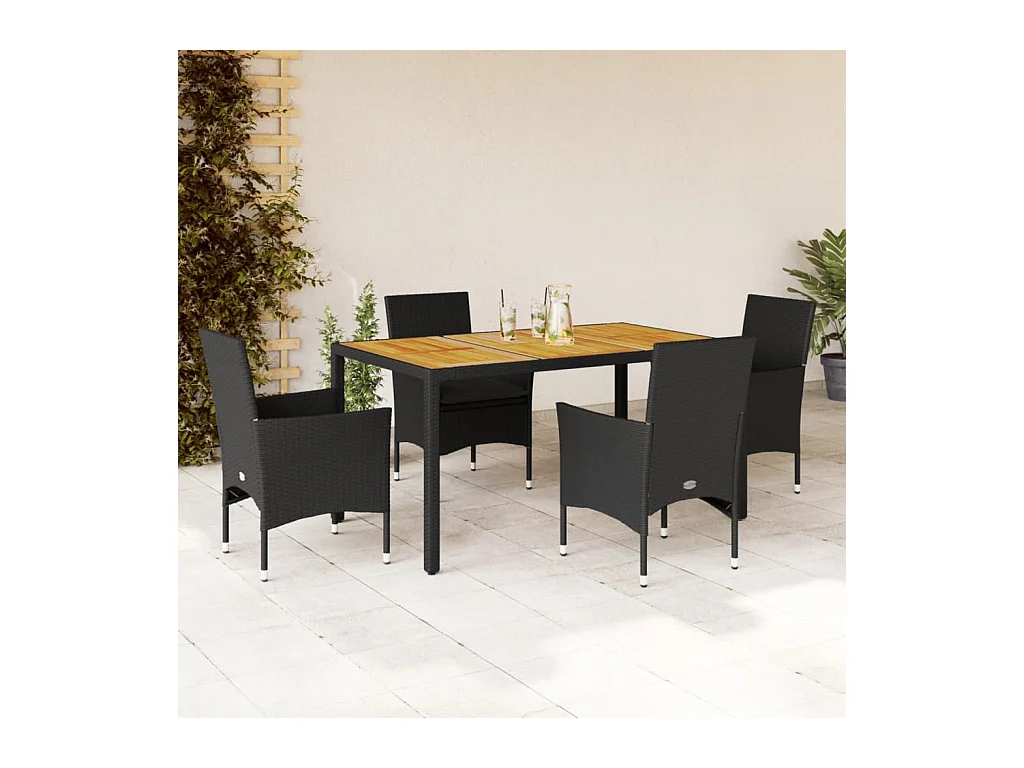 Ensemble à manger de jardin et coussins 5 pcs noir rotin acacia