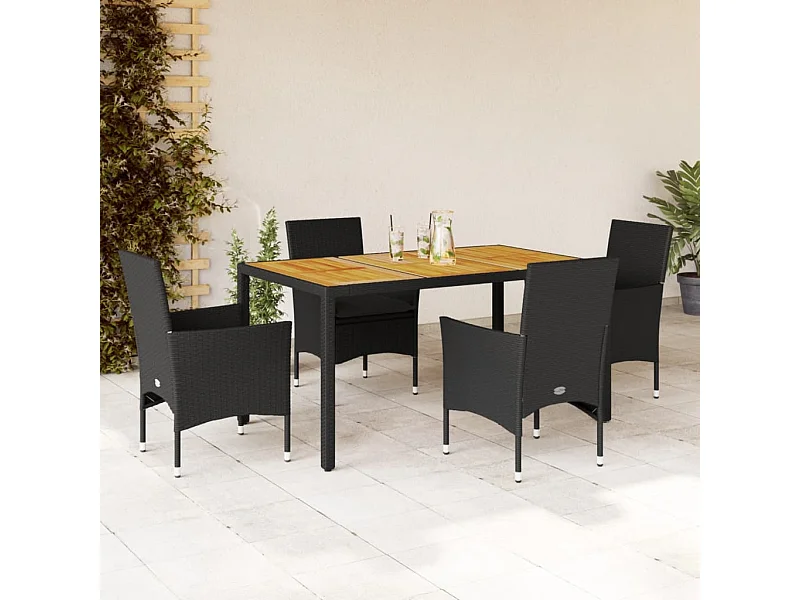 Ensemble à manger de jardin et coussins 5 pcs noir rotin acacia