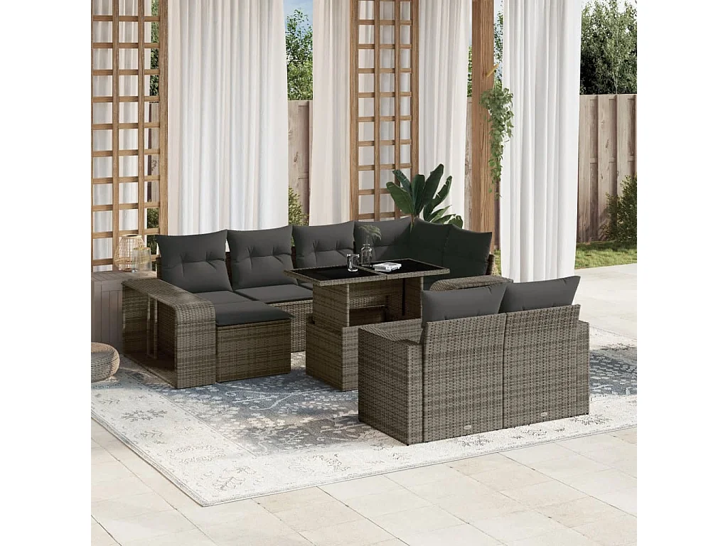Salon de jardin 11 pcs avec coussins gris résine tressée