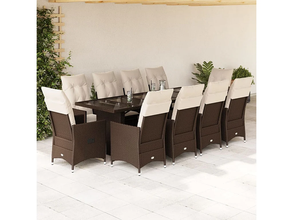 Set de mesa y sillas de jardín 11 pzs y cojines ratán PE marrón