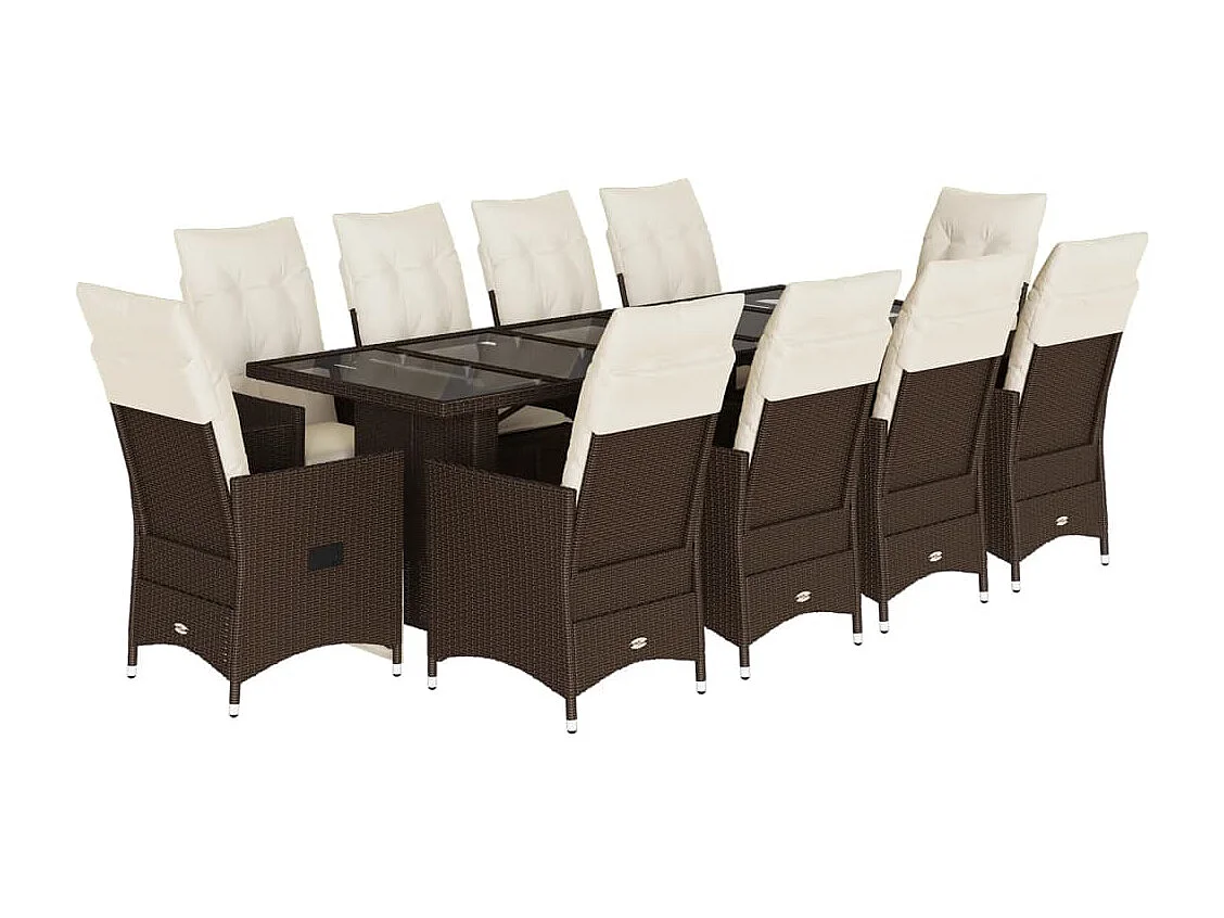 Set de mesa y sillas de jardín 11 pzs y cojines ratán PE marrón