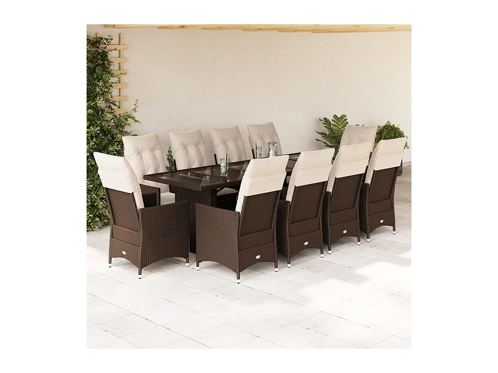 Ensemble de bistro de jardin 11 pcs coussins marron poly rotin