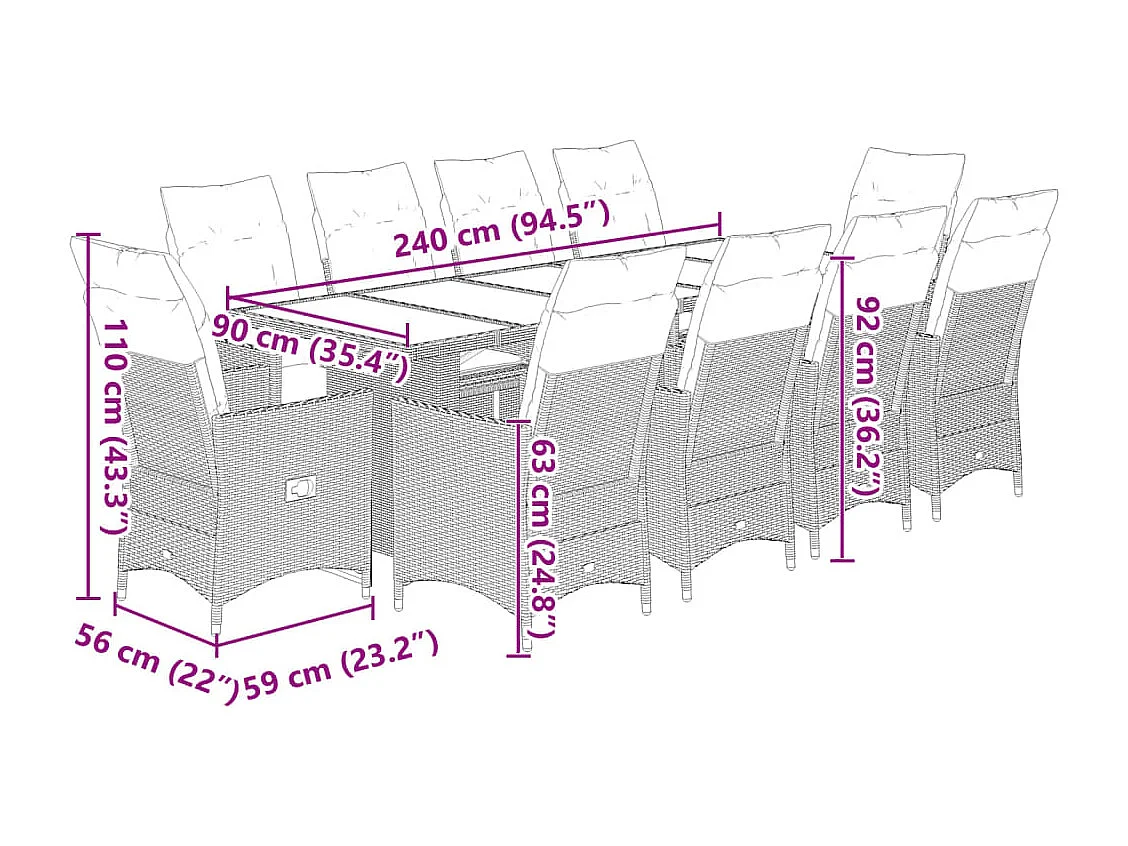 Ensemble de bistro de jardin 11 pcs coussins marron poly rotin