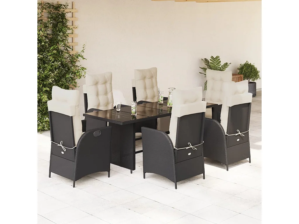 Ensemble à manger de jardin coussins 7pcs Noir Résine tressée