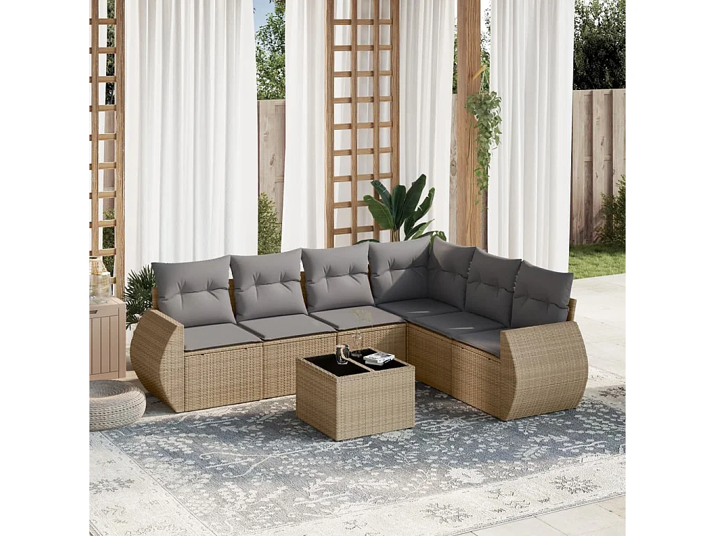 Salon de jardin avec coussins 7 pcs beige résine tressée