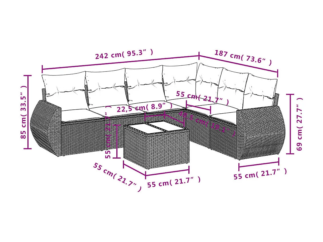 Salon de jardin avec coussins 7 pcs beige résine tressée