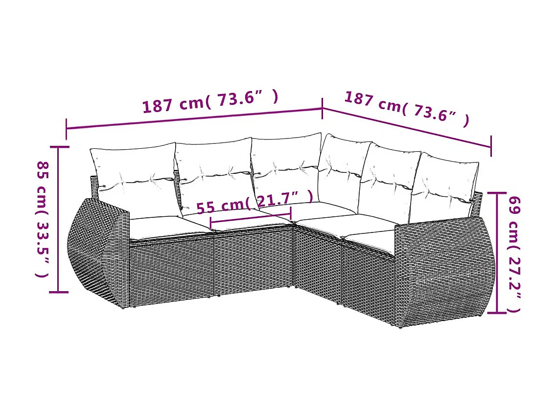Set Divano da Giardino 5 pz con Cuscini Grigio in Polyrattan