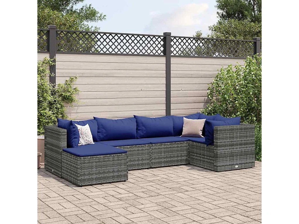Salon de jardin 6 pcs avec coussins Gris Résine tressée