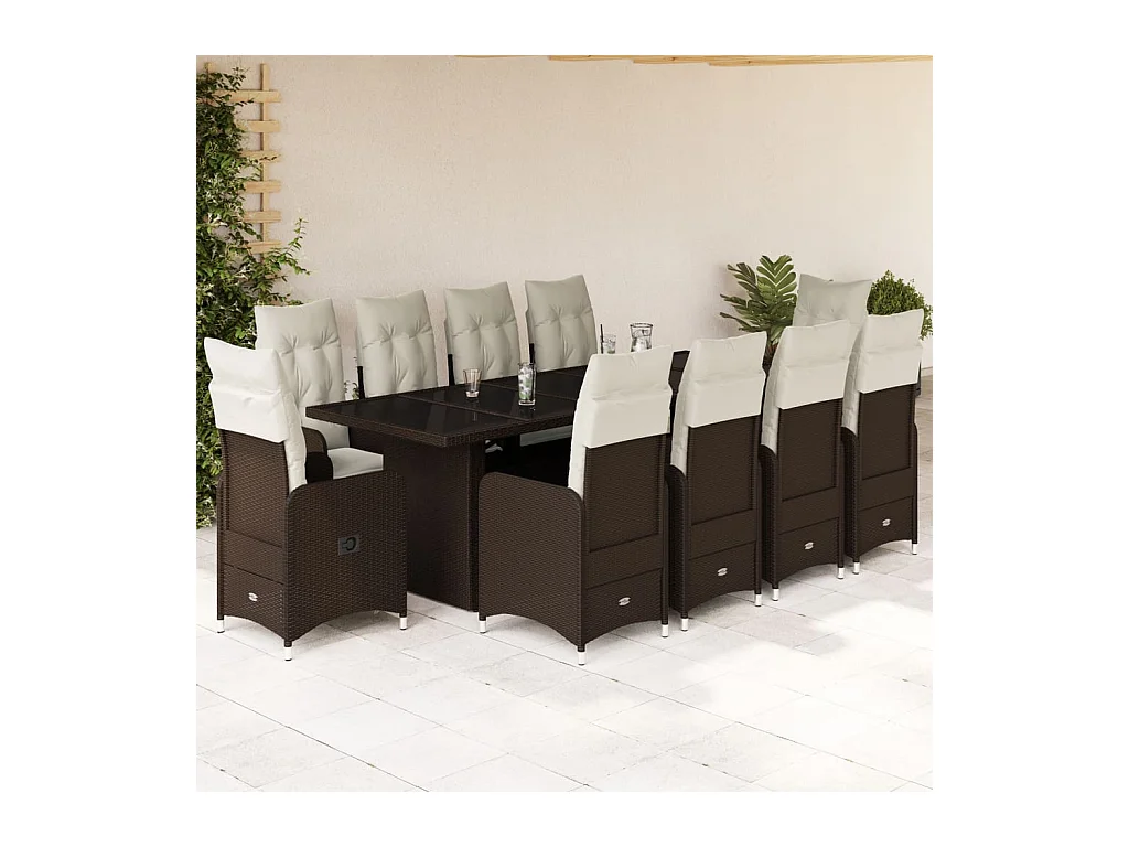 Ensemble de bistro de jardin 11 pcs coussins marron poly rotin