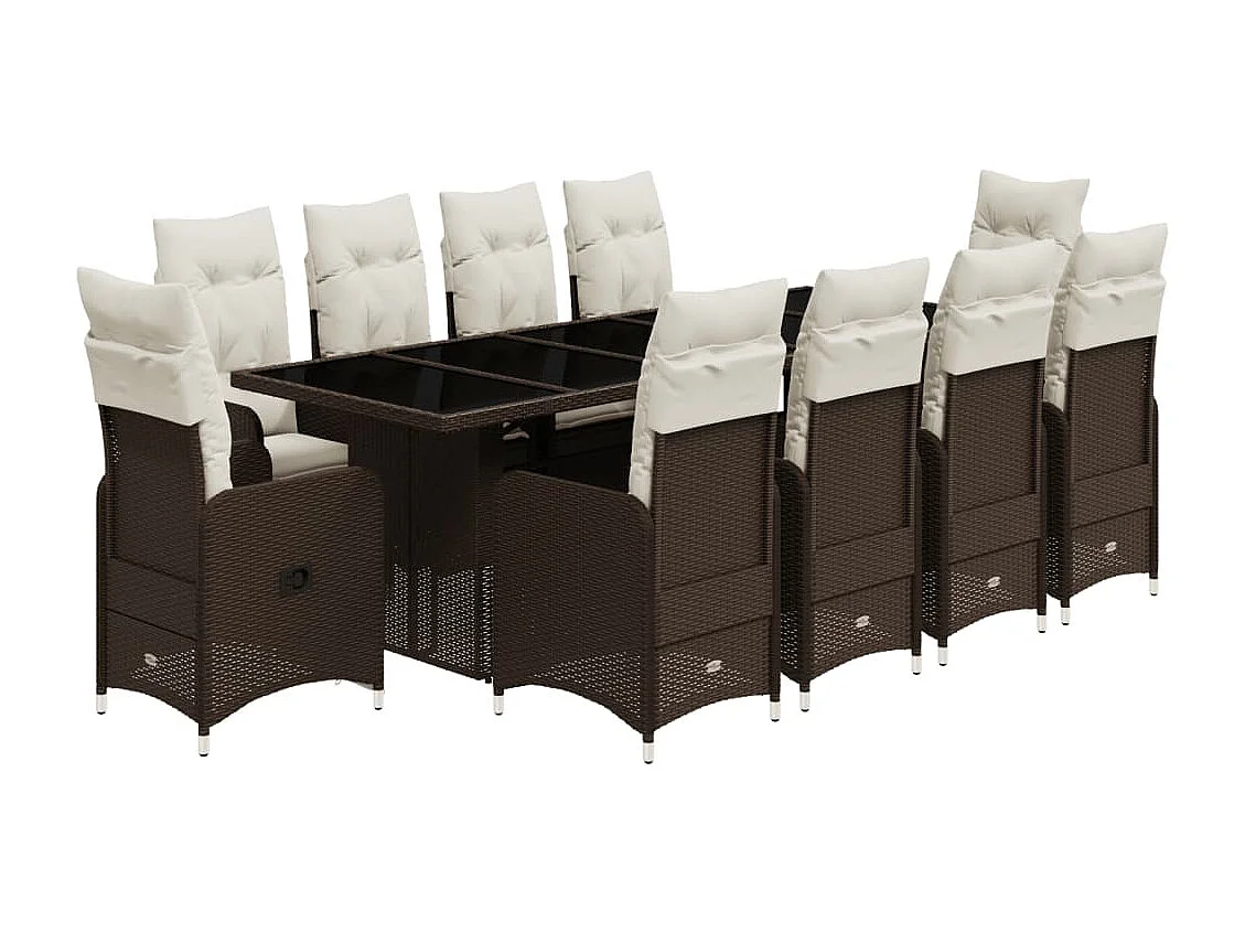 Set de mesa y sillas de jardín 11 pzs y cojines ratán PE marrón
