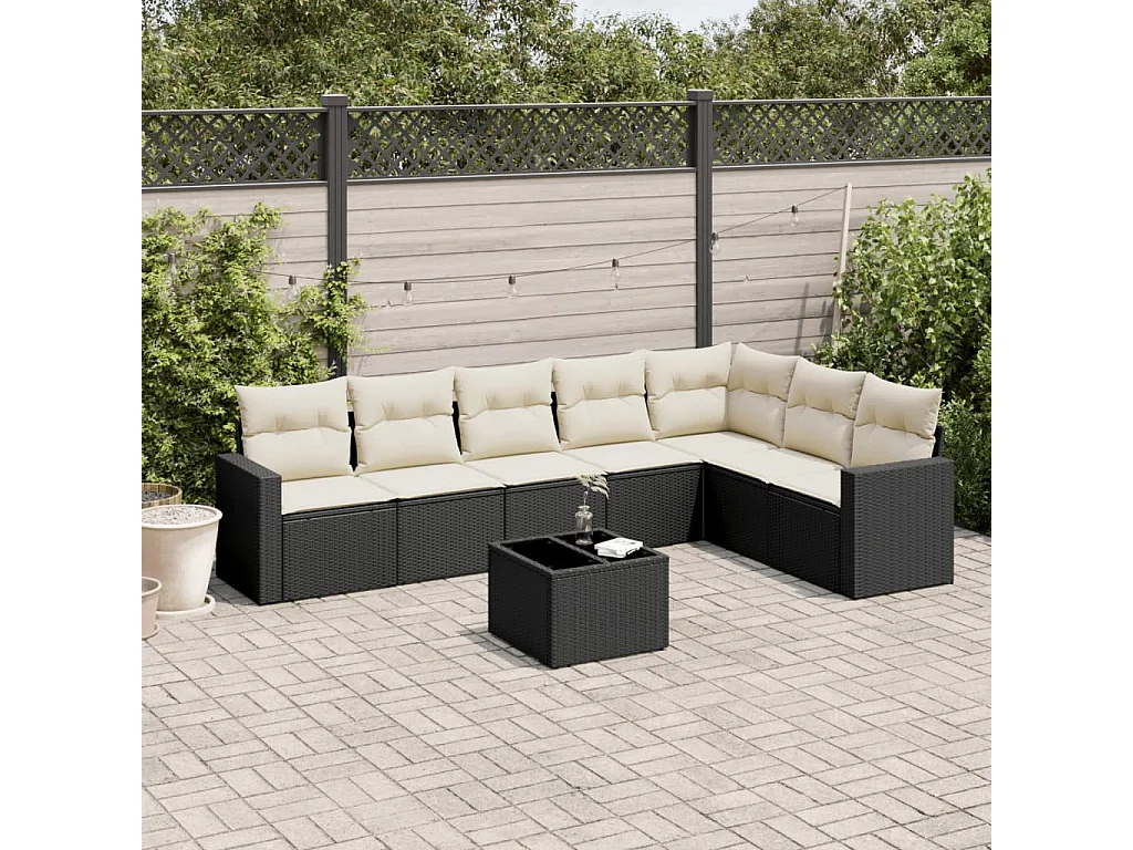 8-delige Loungeset met kussens poly rattan zwart