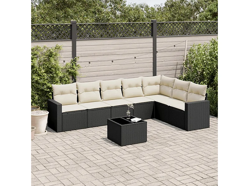 Salon de jardin 8 pcs avec coussins noir résine tressée
