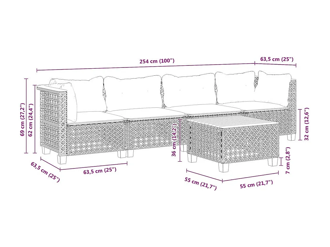 5 pcs conjunto sofás de jardim c/ almofadões vime PE cinzento