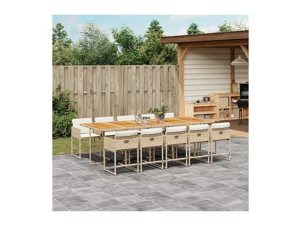 Set comedor de jardín 11 pzas con cojines ratán sintético beige