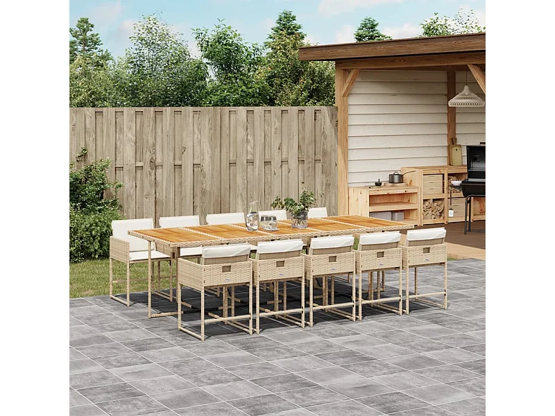 Set da Pranzo da Giardino 11 pz con Cuscini Beige in Polyrattan