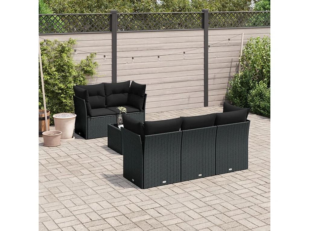 Salon de jardin 6 pcs avec coussins noir résine tressée