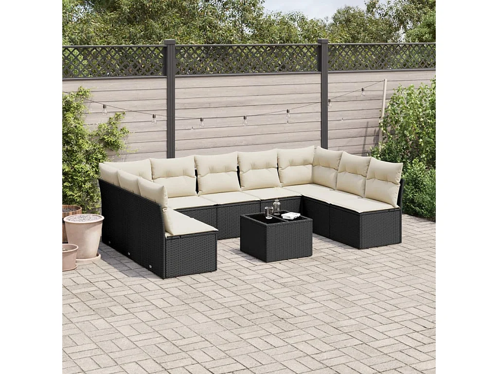 10-delige Loungeset met kussens poly rattan zwart