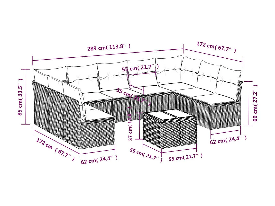 10-delige Loungeset met kussens poly rattan zwart
