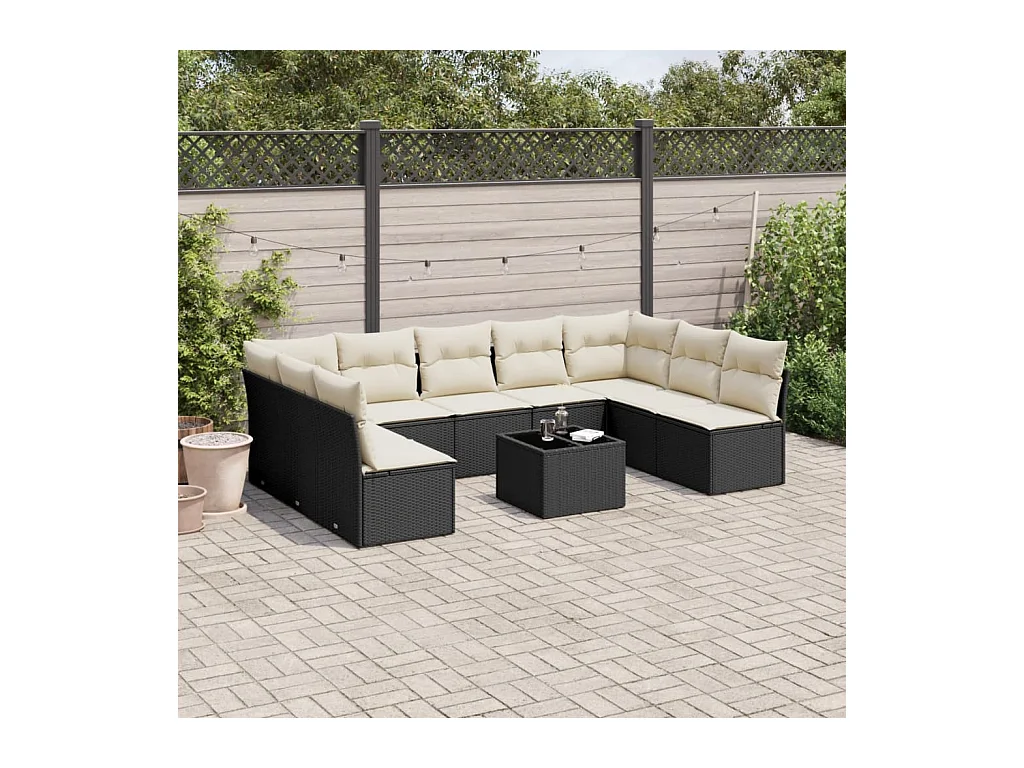 Salon de jardin 10 pcs avec coussins noir résine tressée