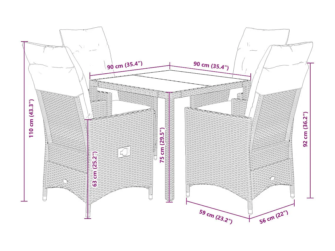 Ensemble à manger de jardin coussins 5pcs Noir Résine tressée