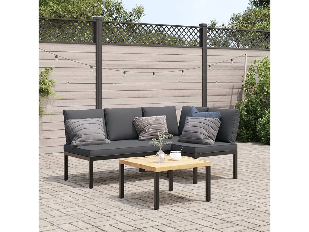 Salon de jardin 3 pcs avec coussins noir aluminium