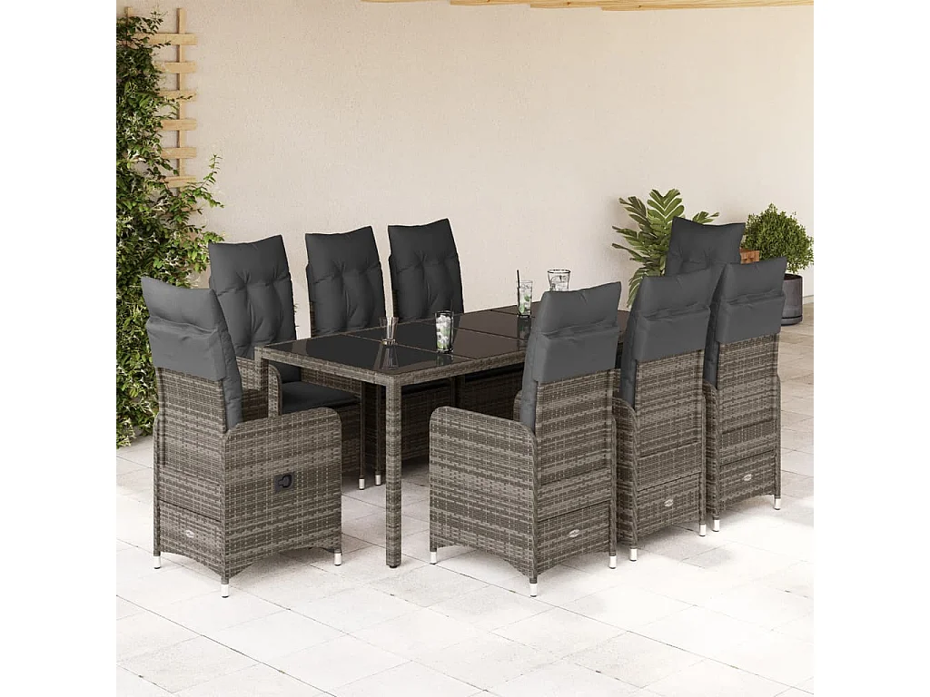 Ensemble de bistro de jardin 9 pcs coussins gris poly rotin