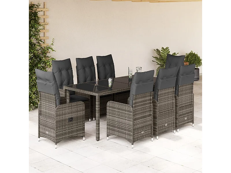 Ensemble de bistro de jardin 9 pcs coussins gris poly rotin