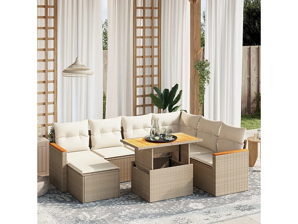 Salon de jardin avec coussins 8 pcs beige résine tressée