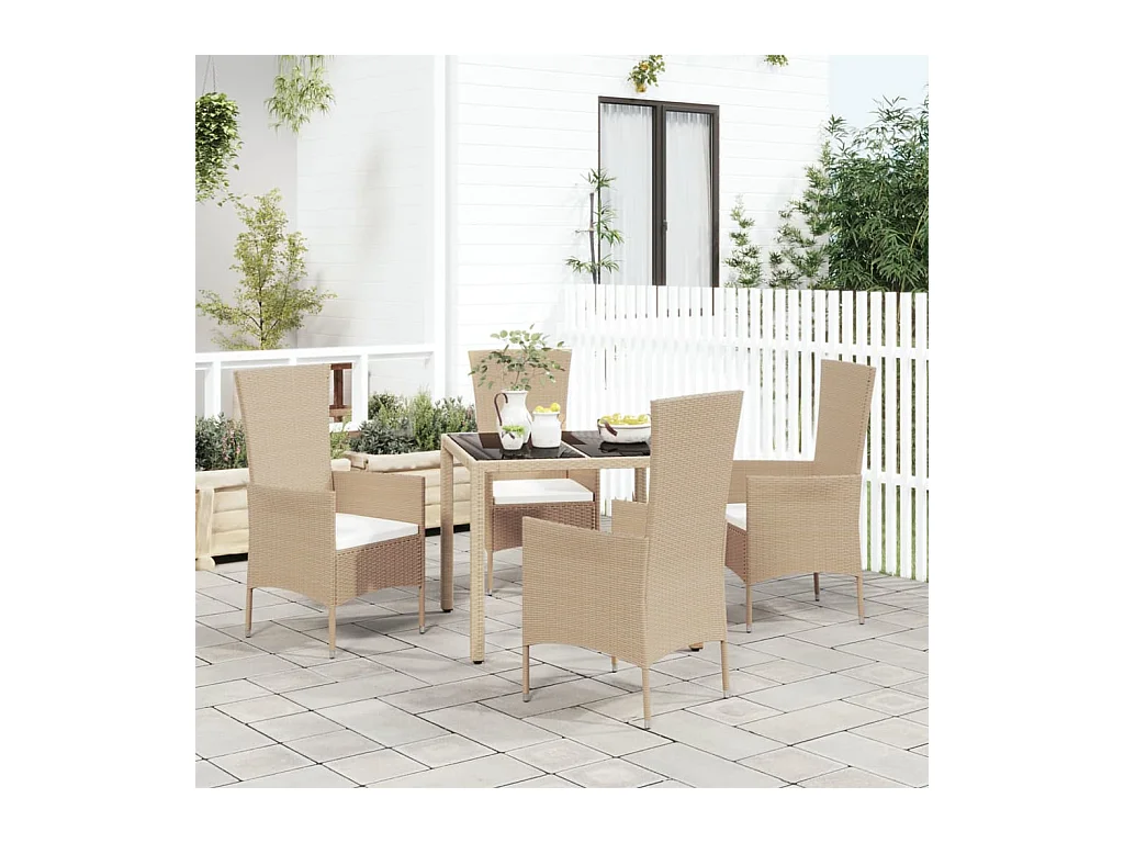 Ensemble à manger de jardin avec coussins 5pcs Beige poly rotin