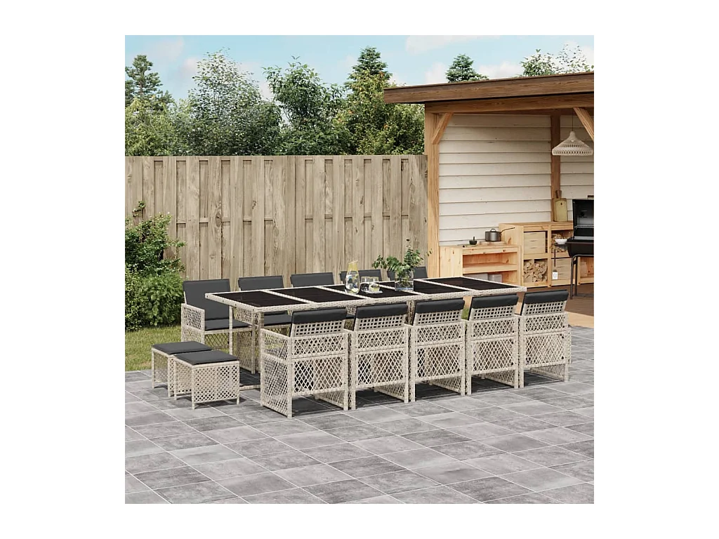 Ensemble à manger de jardin et coussins 15 pcs gris clair rotin