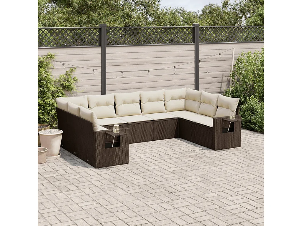 Salon de jardin avec coussins 9 pcs marron résine tressée