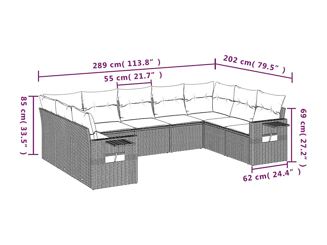 Salon de jardin avec coussins 9 pcs marron résine tressée