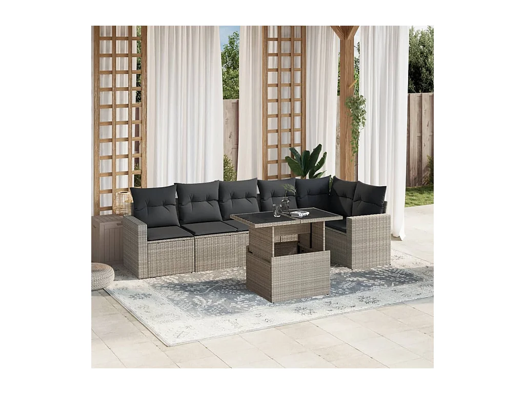 7-tlg. Garten-Sofagarnitur mit Kissen Hellgrau Poly Rattan