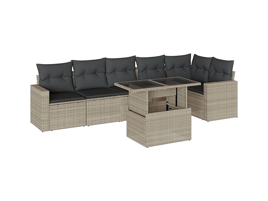 7-tlg. Garten-Sofagarnitur mit Kissen Hellgrau Poly Rattan