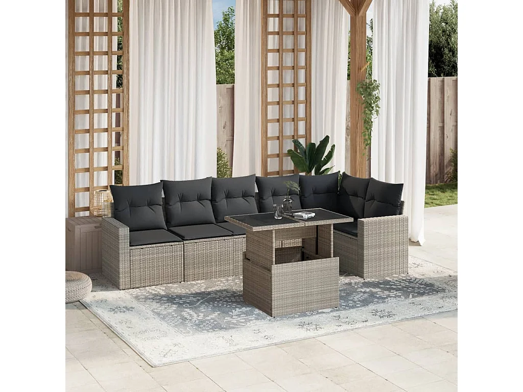 7-tlg. Garten-Sofagarnitur mit Kissen Hellgrau Poly Rattan