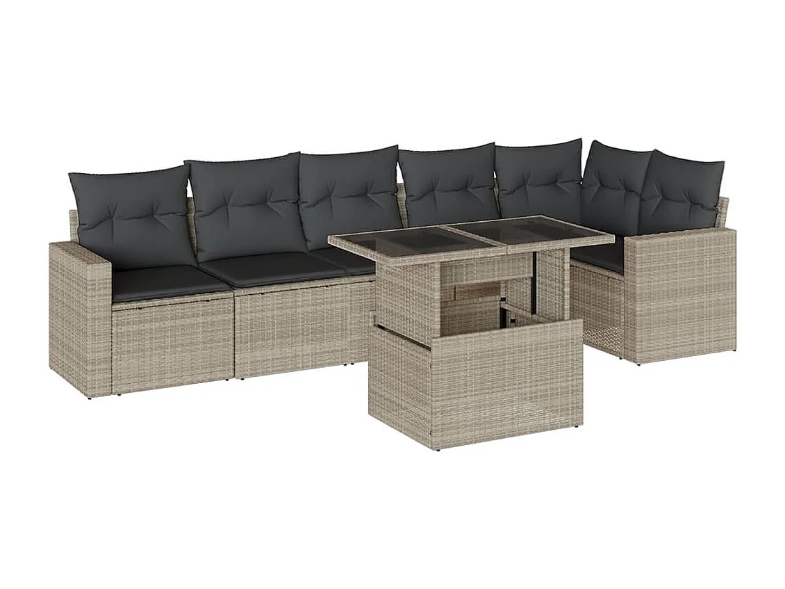 7-tlg. Garten-Sofagarnitur mit Kissen Hellgrau Poly Rattan