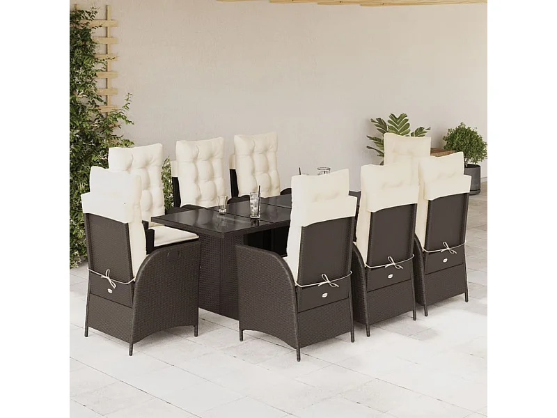 Ensemble à manger de jardin et coussins 9 pcs marron poly rotin